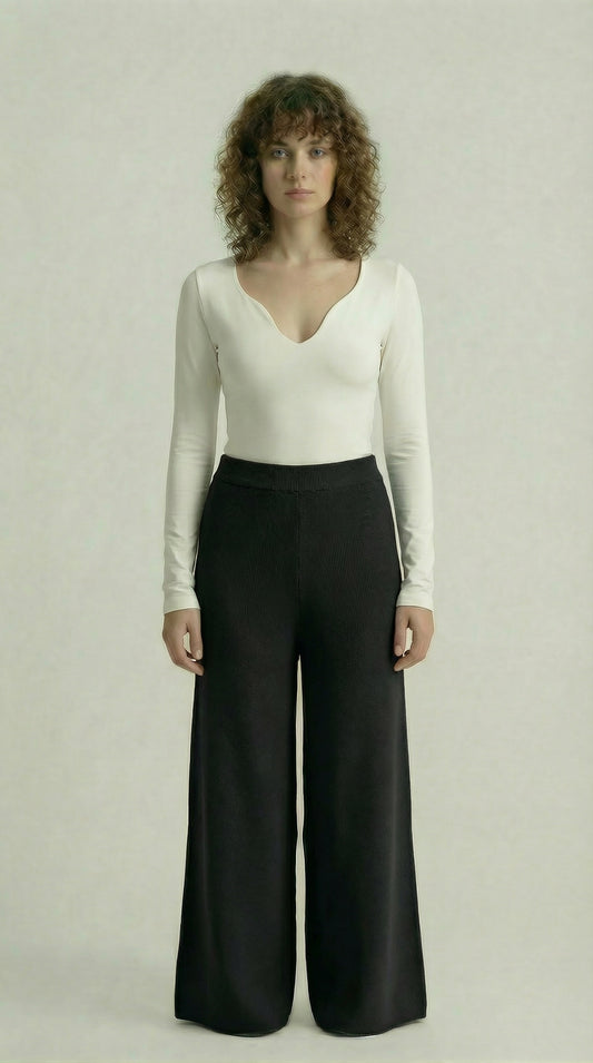 Midnight Black Knitted Wide-Leg Pants