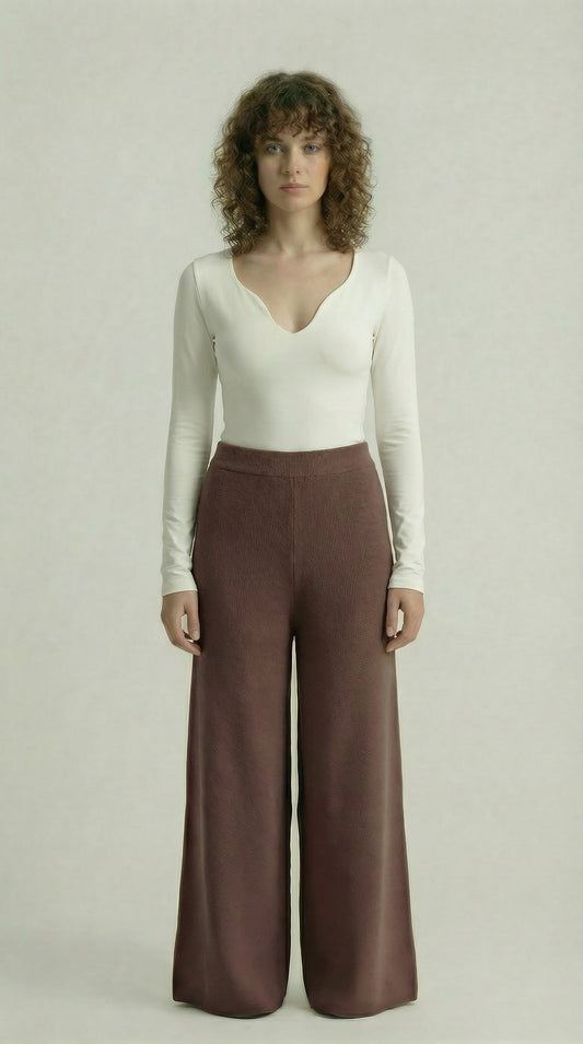 Chocolate Brown Knitted Wide-Leg Pants