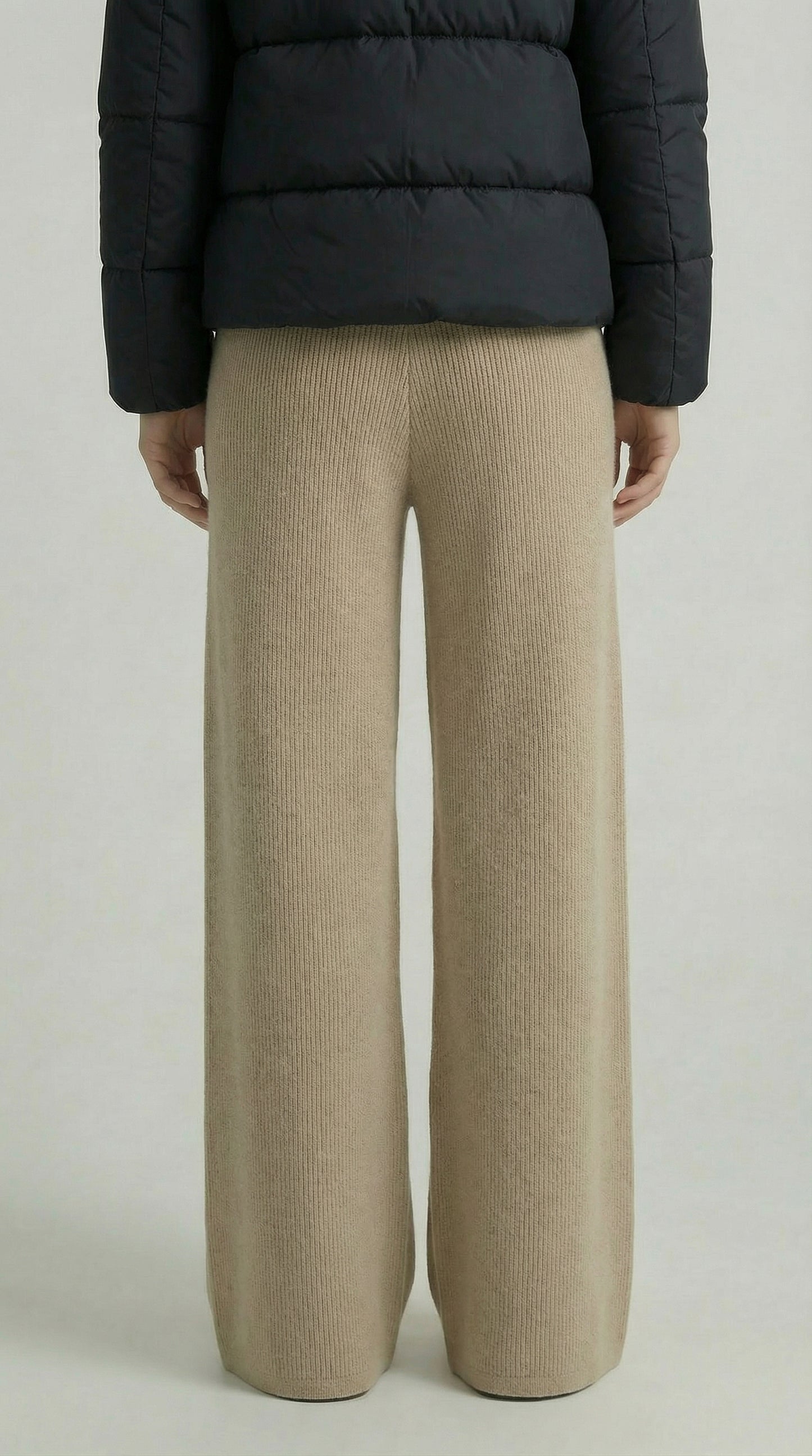 Beige Knitted Wide-Leg Pants