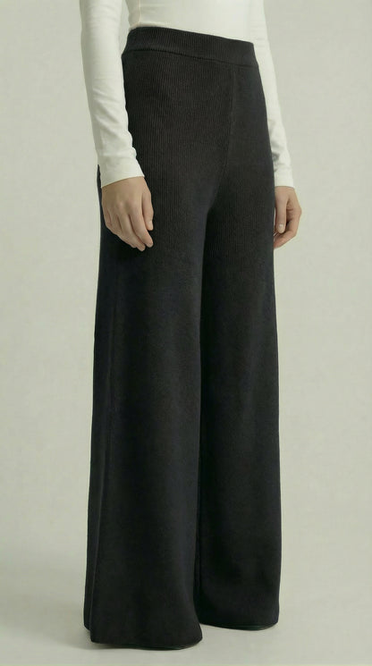 Midnight Black Knitted Wide-Leg Pants