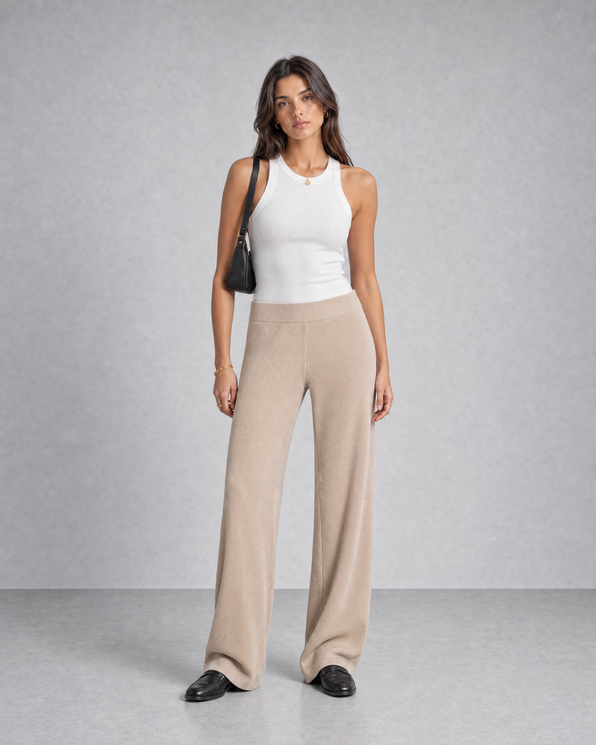 Beige Knitted Wide-Leg Pants