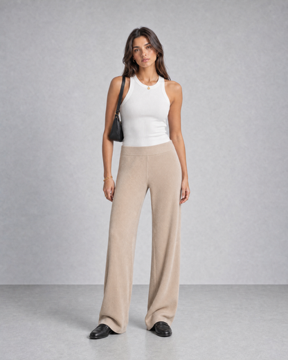 Beige Knitted Wide-Leg Pants