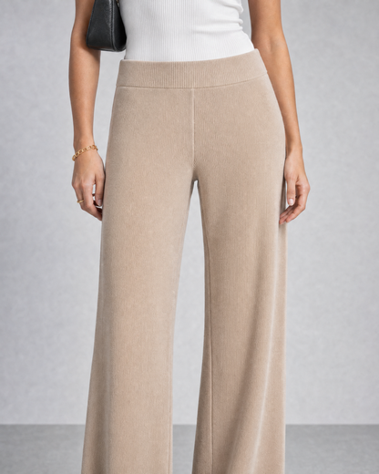Beige Knitted Wide-Leg Pants