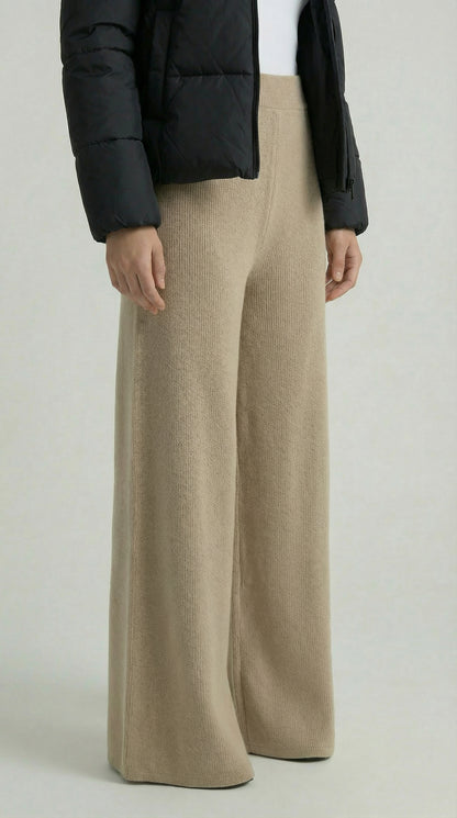 Beige Knitted Wide-Leg Pants