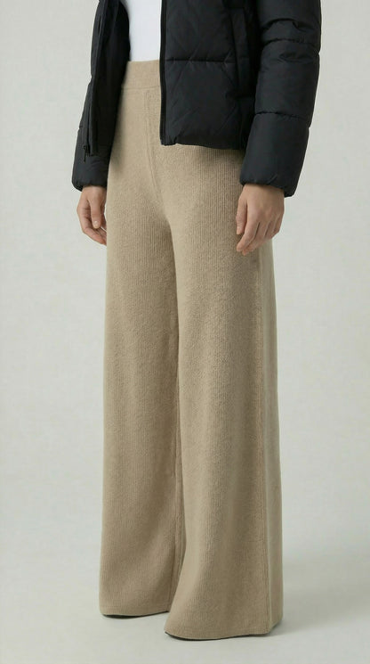 Beige Knitted Wide-Leg Pants