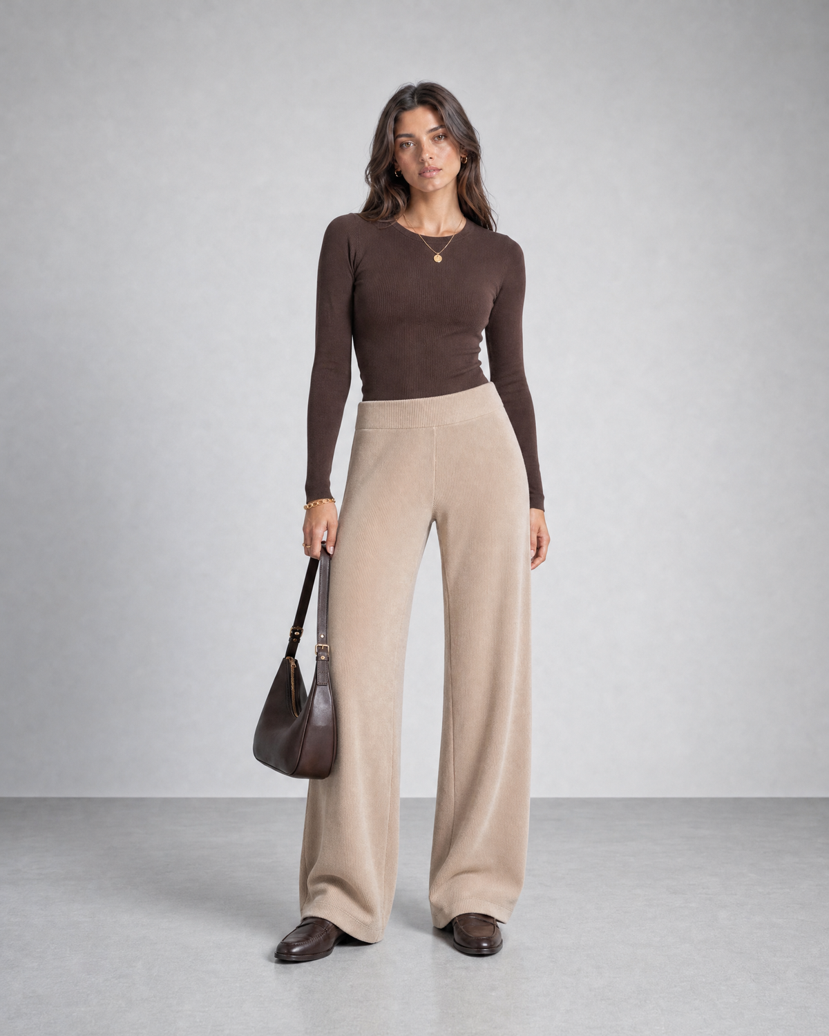 Beige Knitted Wide-Leg Pants