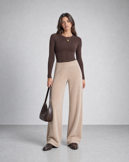 Beige Knitted Wide-Leg Pants