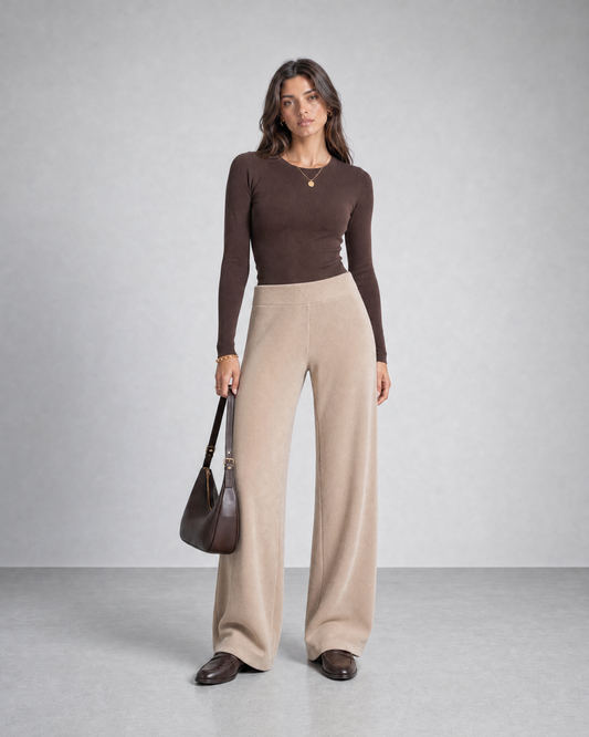 Beige Knitted Wide-Leg Pants