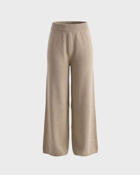 Beige Knitted Wide-Leg Pants