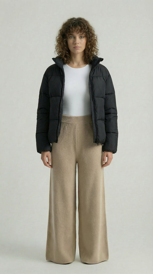 Beige Knitted Wide-Leg Pants