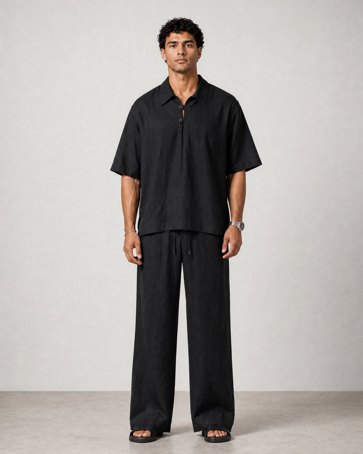 Black Sandwashed Linen Set