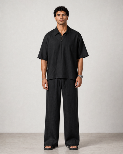 Black Sandwashed Linen Set