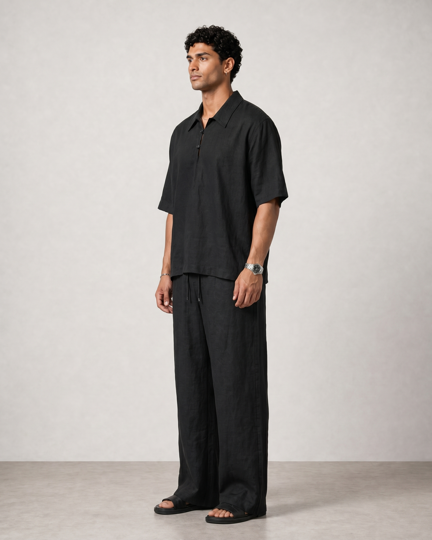 Black Sandwashed Linen Set